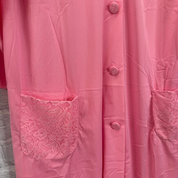 Vintage Shadowline 3/4 Sleeve Button Robe Bright Pink Size M Lace Detail Pockets - Picture 3 of 6